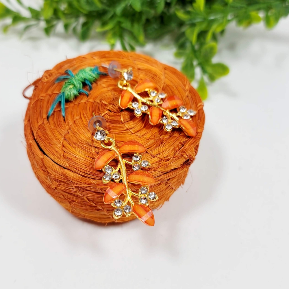 India Boutique Vibrant Orange and Gold Leaf Earrings